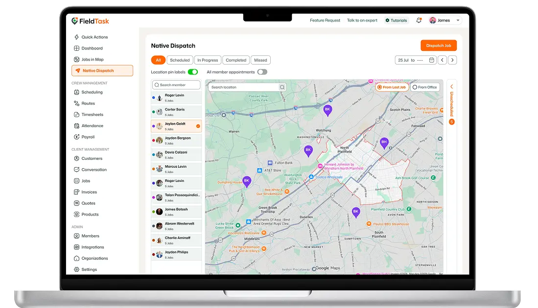 FieldTask dispatch dashboard on a laptop