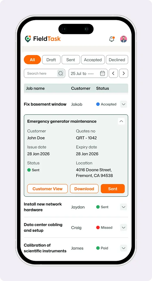 FieldTask quotes interface on desktop and mobile