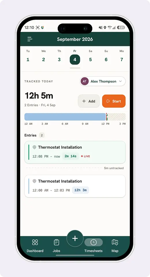FieldTask time clock interface on desktop and mobile