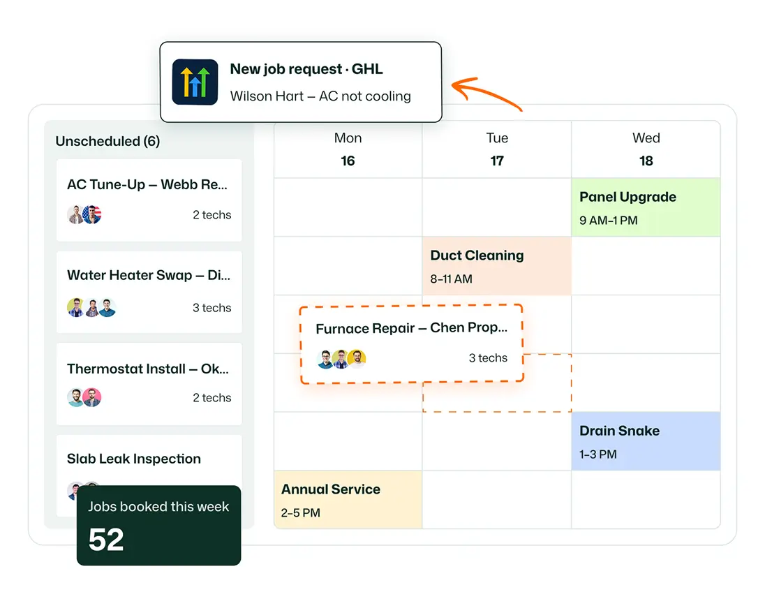 FieldTask scheduling board with unscheduled jobs and calendar