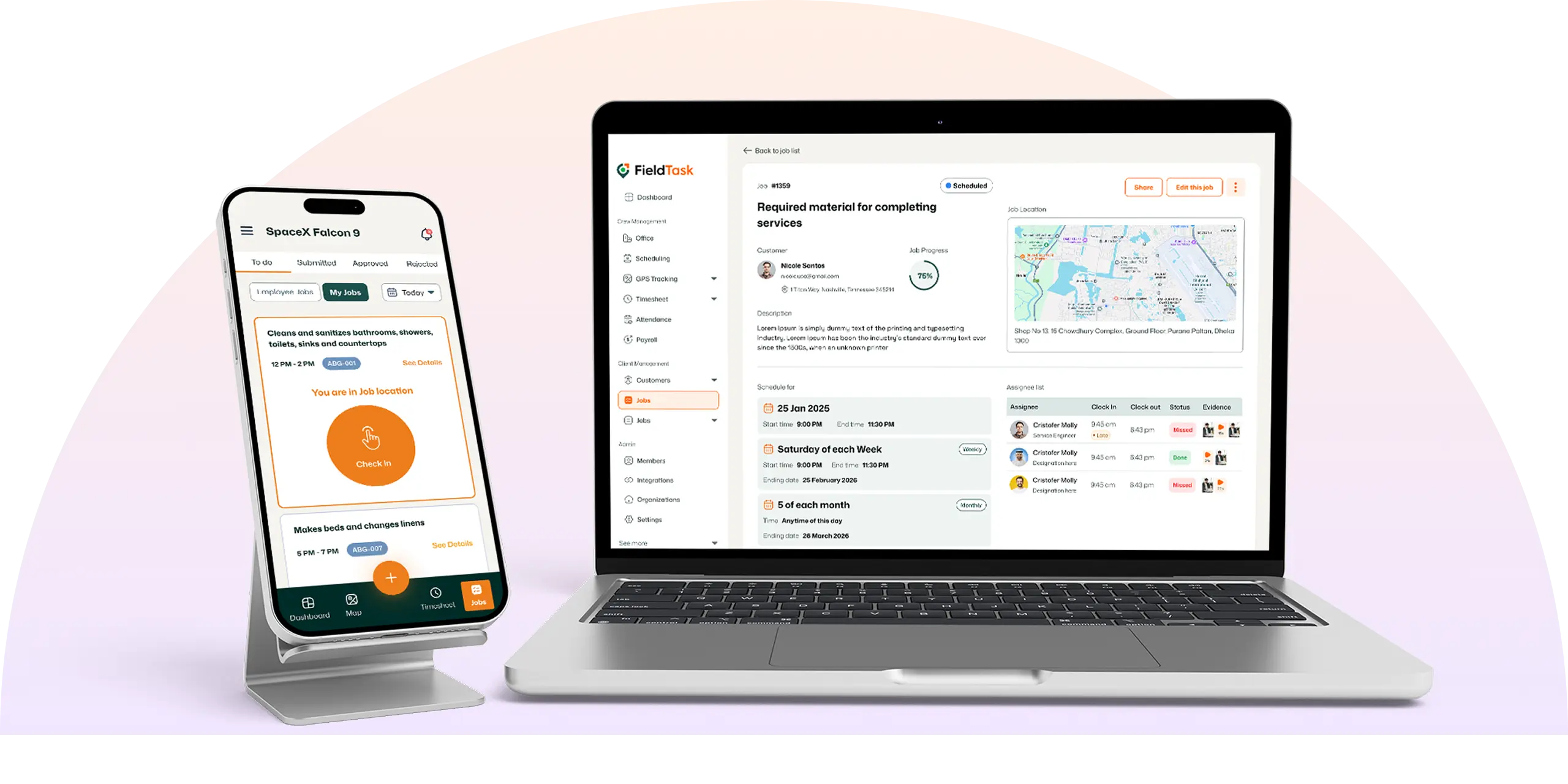 FieldTask platform showing job management on laptop and mobile app