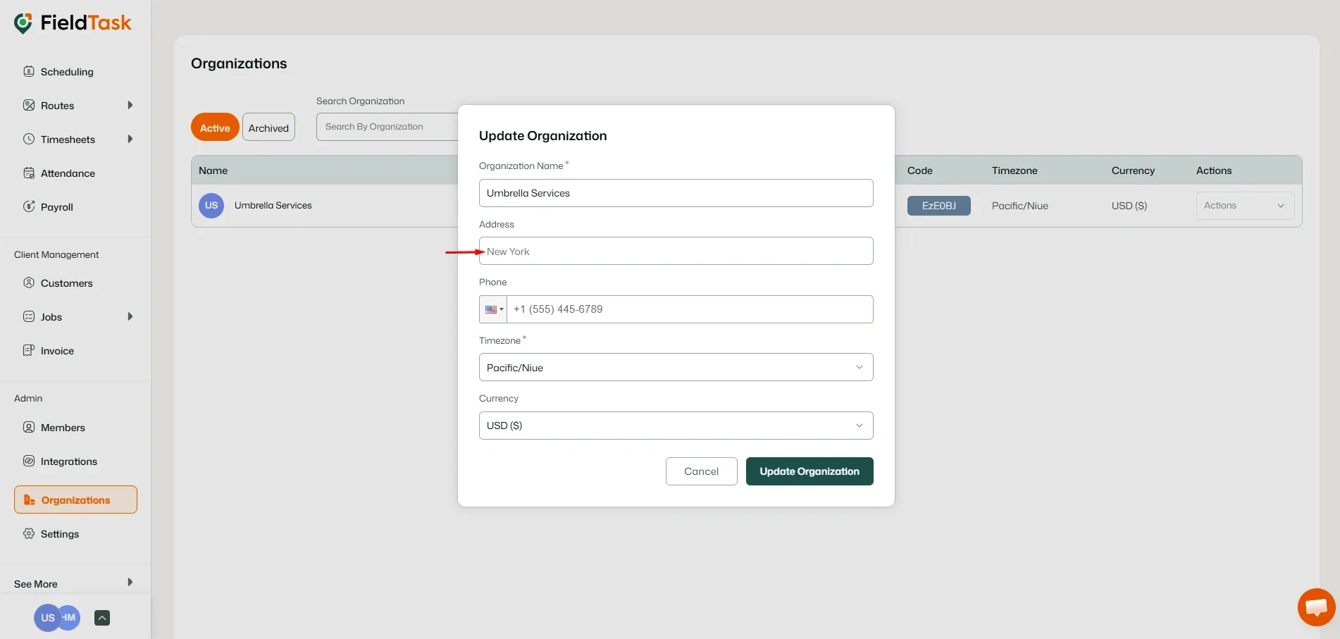 FieldTask Organization Edit Page
