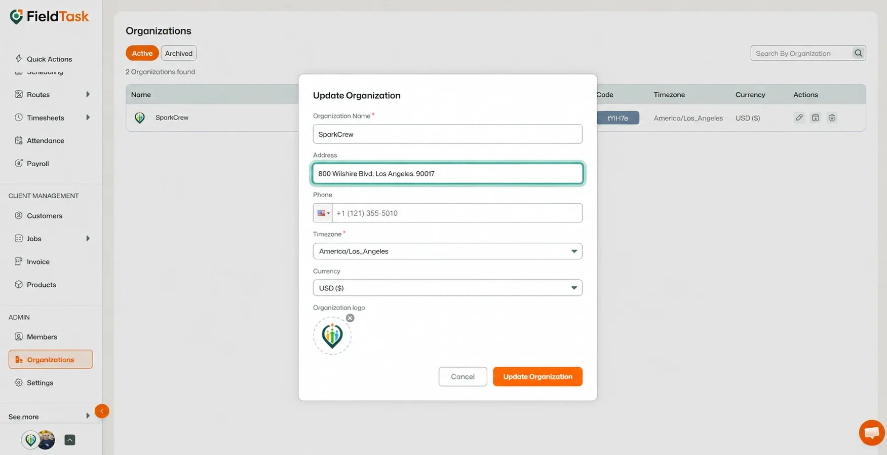 Update Organization modal with address field highlighted in teal
