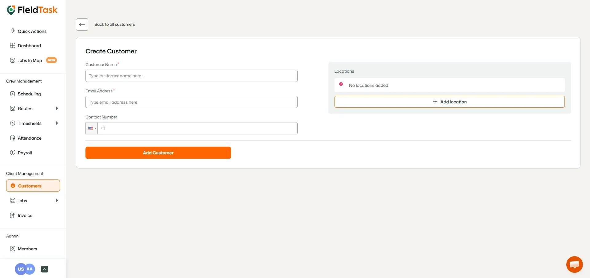 FieldTask Add Customer Page