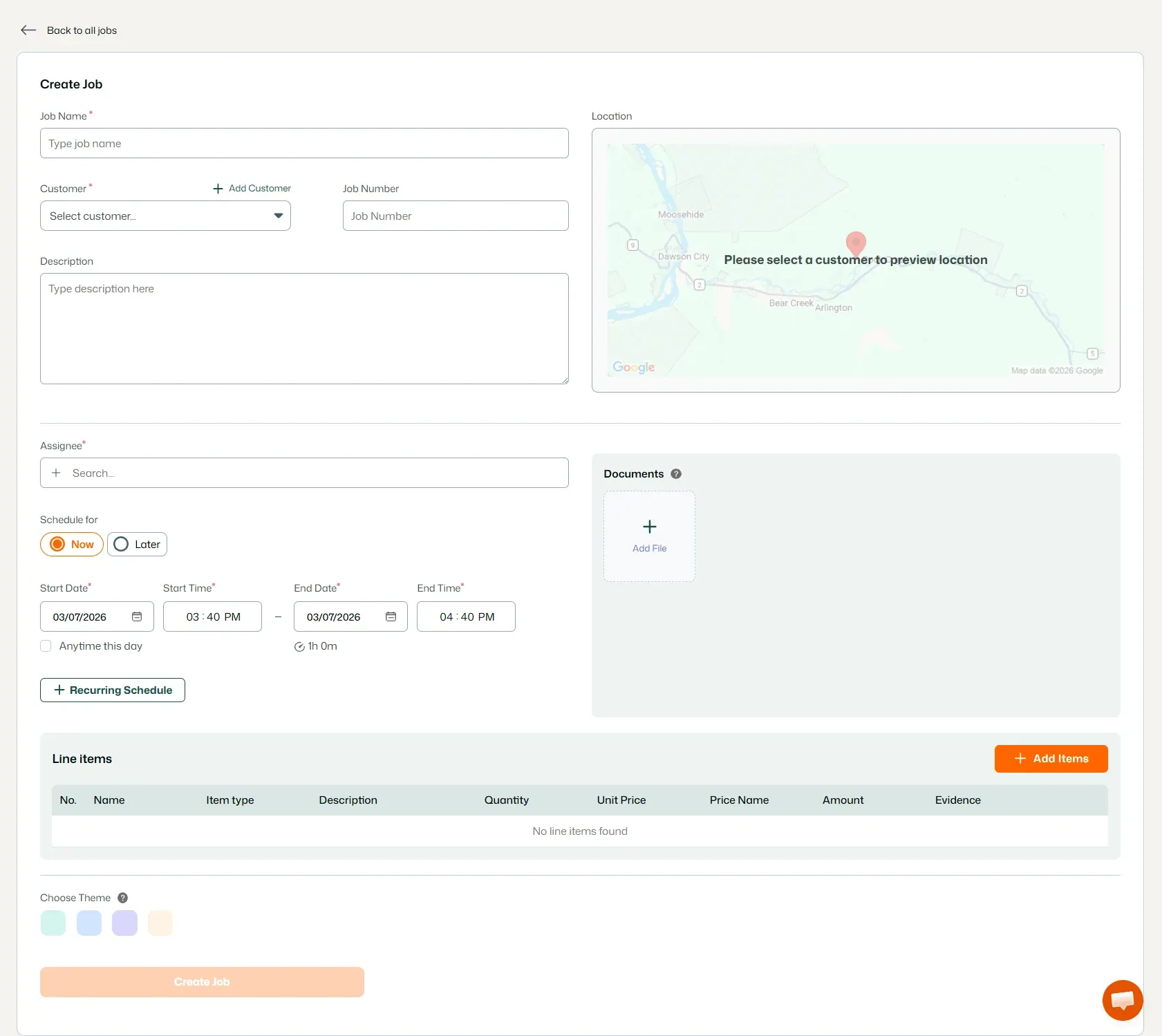 FieldTask create job form with map and line items panel