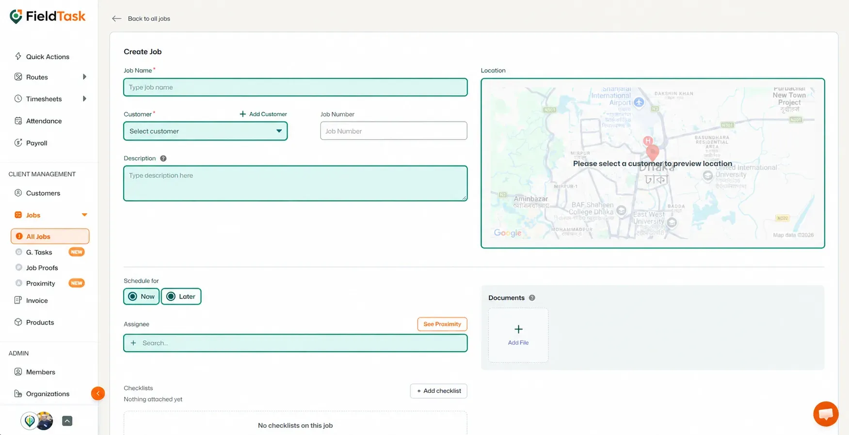 Job Name, Customer, Description, Location, and Assignee fields highlighted