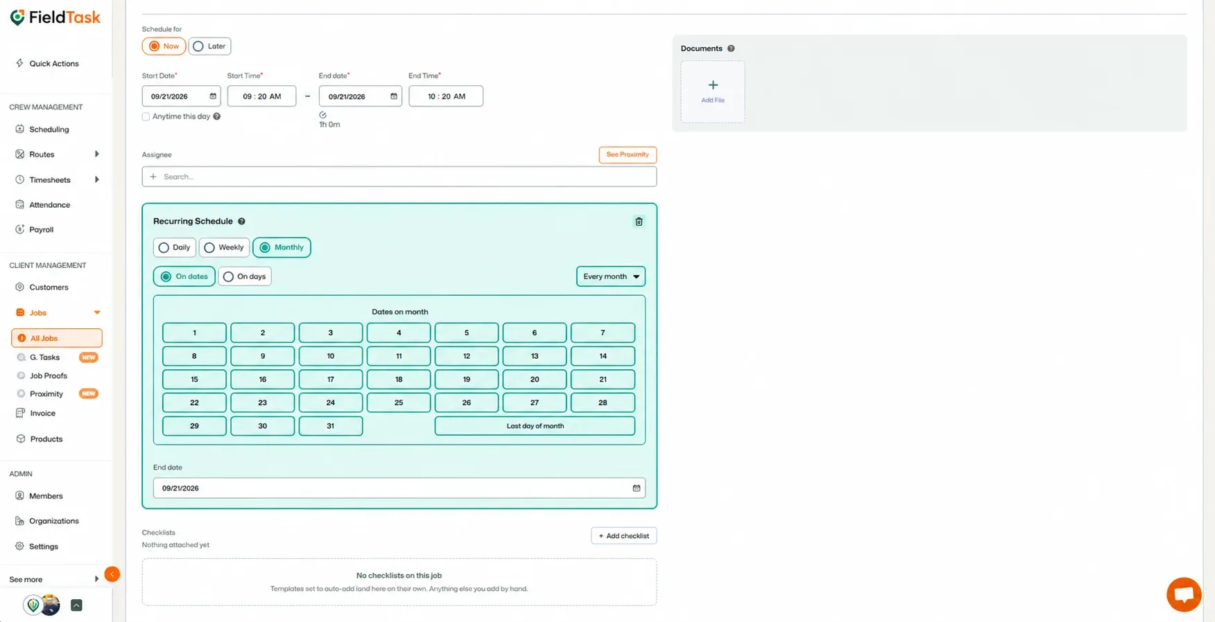 Monthly schedule with dates of month highlighted in teal.