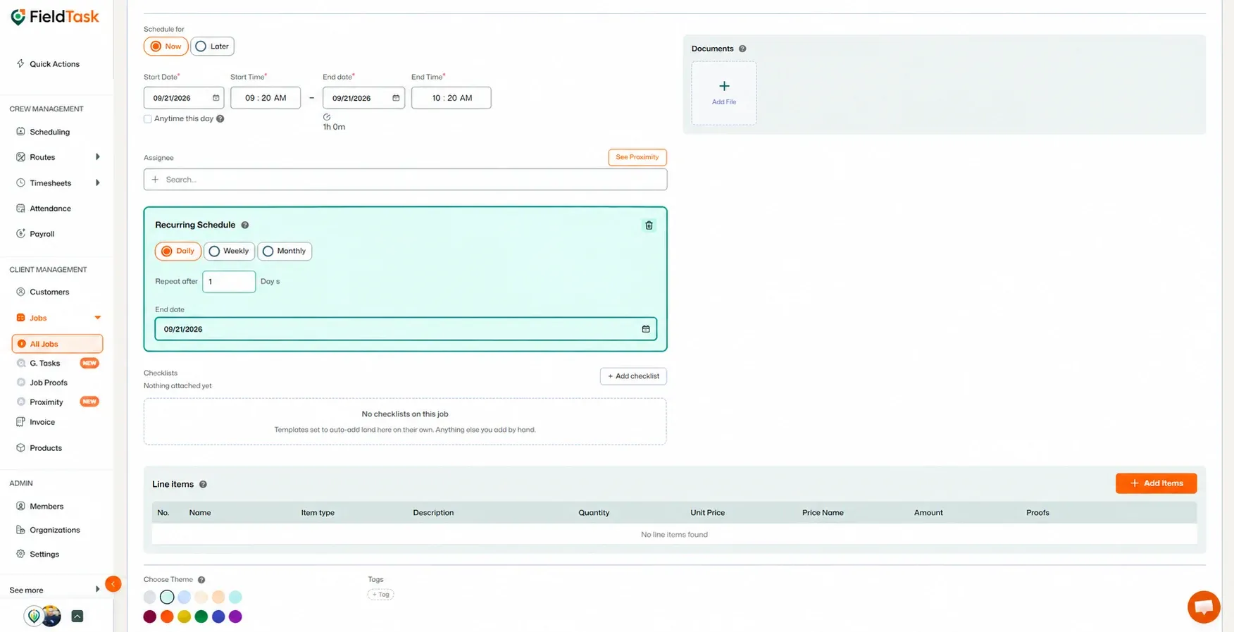 Recurring schedule and end date highlighted in teal.