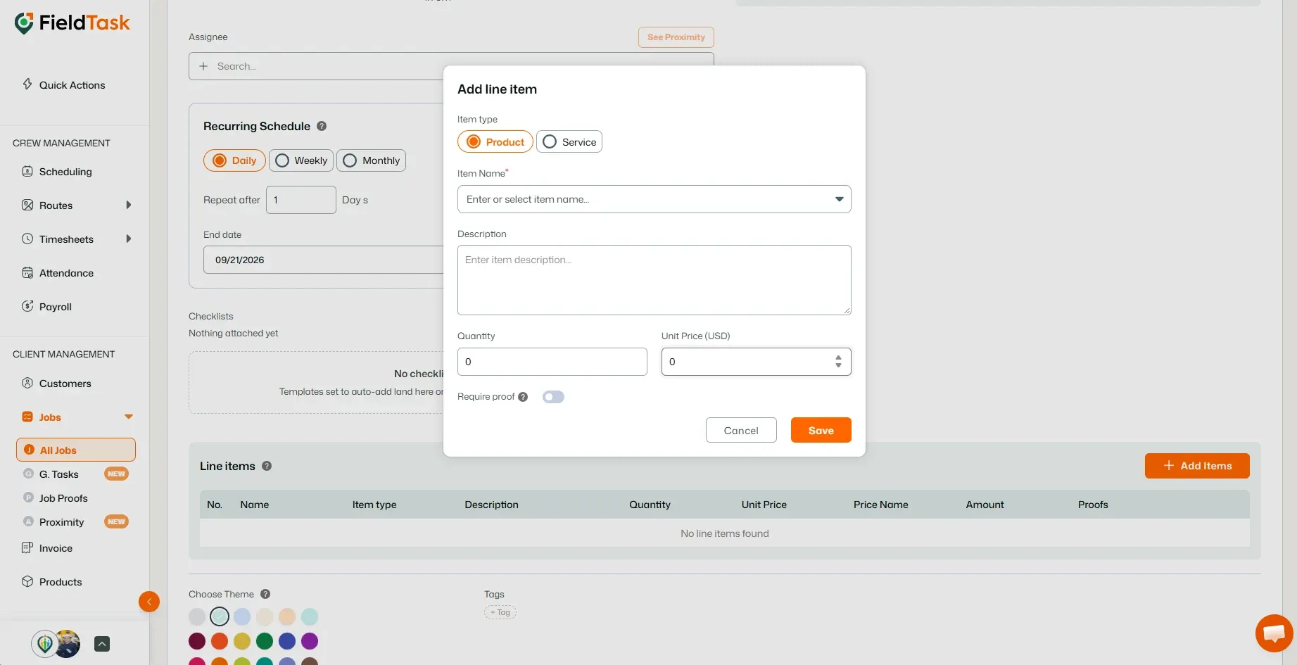 Add Line Item dialog showing product, service, quantity, and price