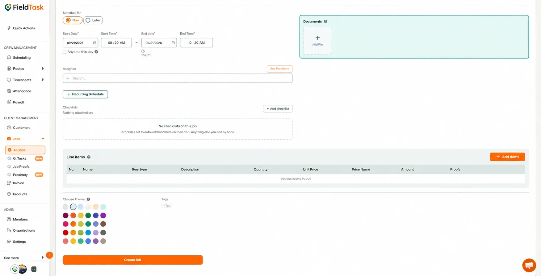 Documents upload box highlighted in teal on the job creation page.