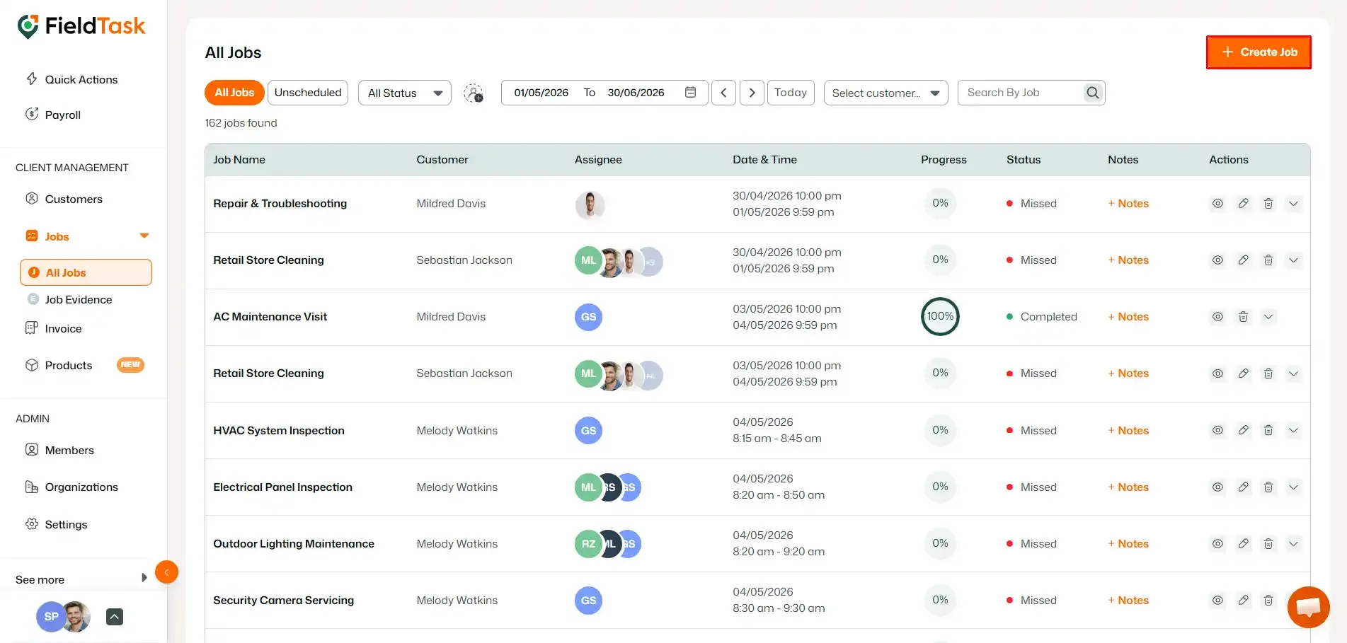 FieldTask all jobs list with Create Job button highlighted