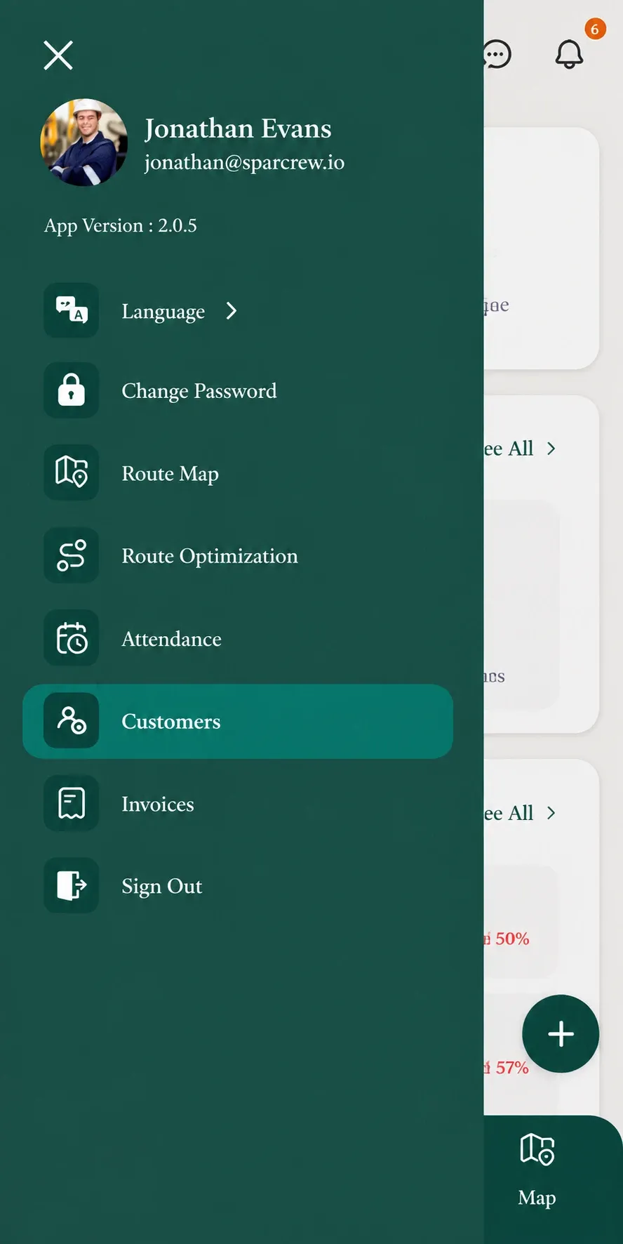 Menu highlighting Customers option in mobile navigation panel