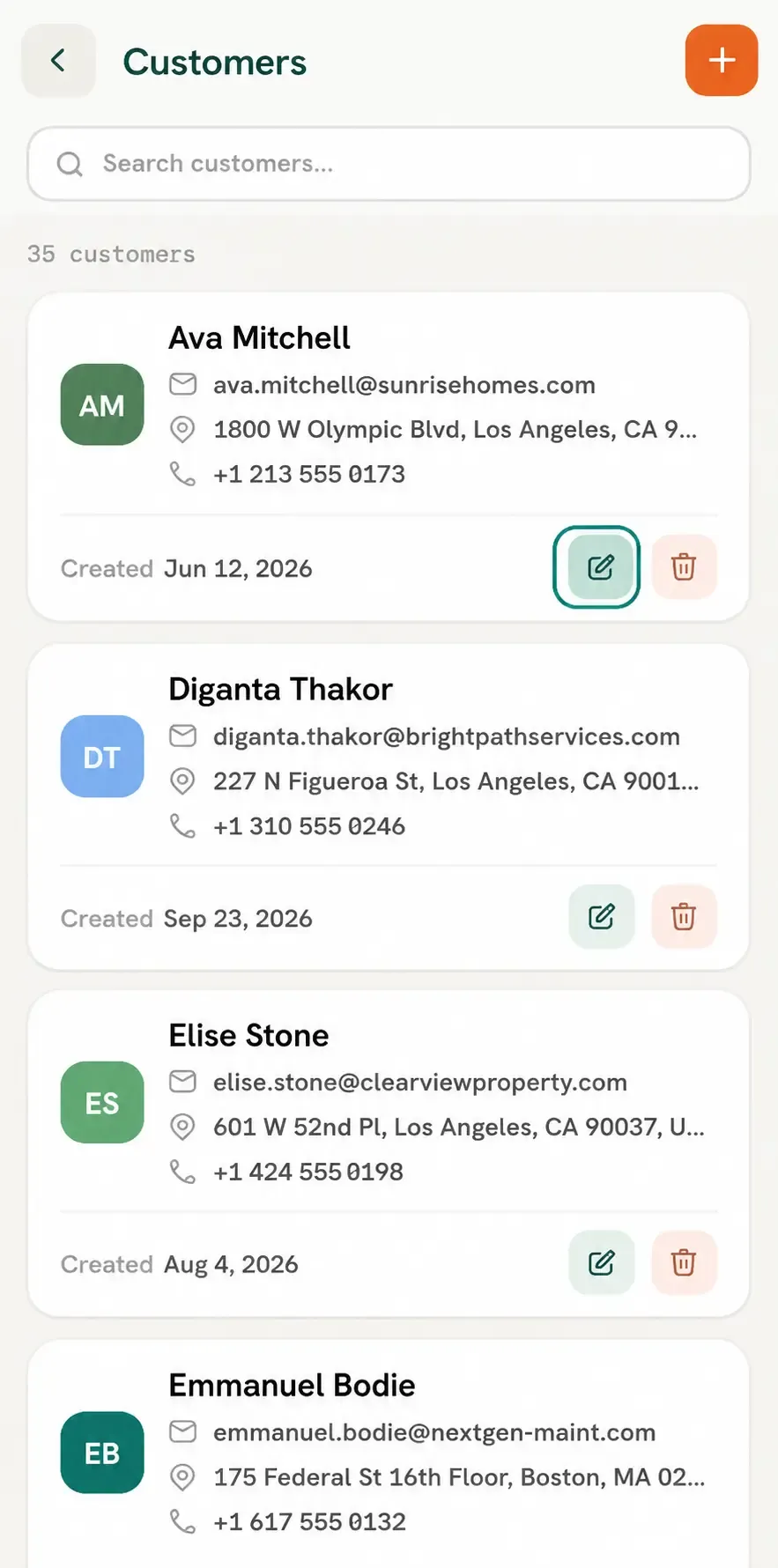 Customers list showing edit icons on customer cards