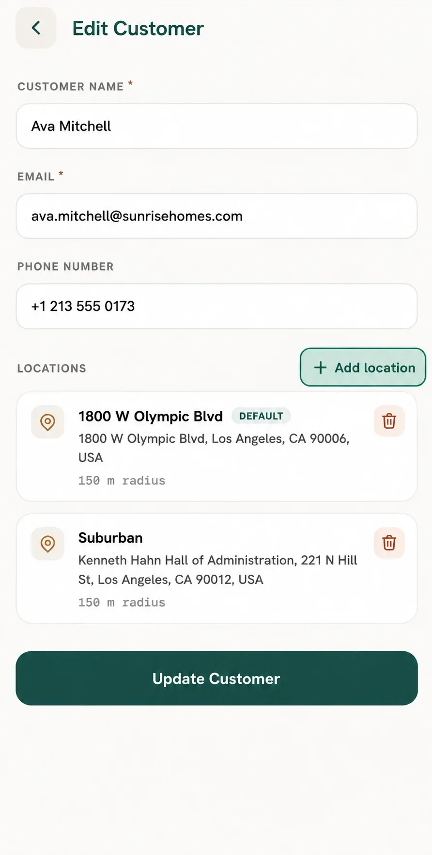 Edit Customer form with Add Location highlighted