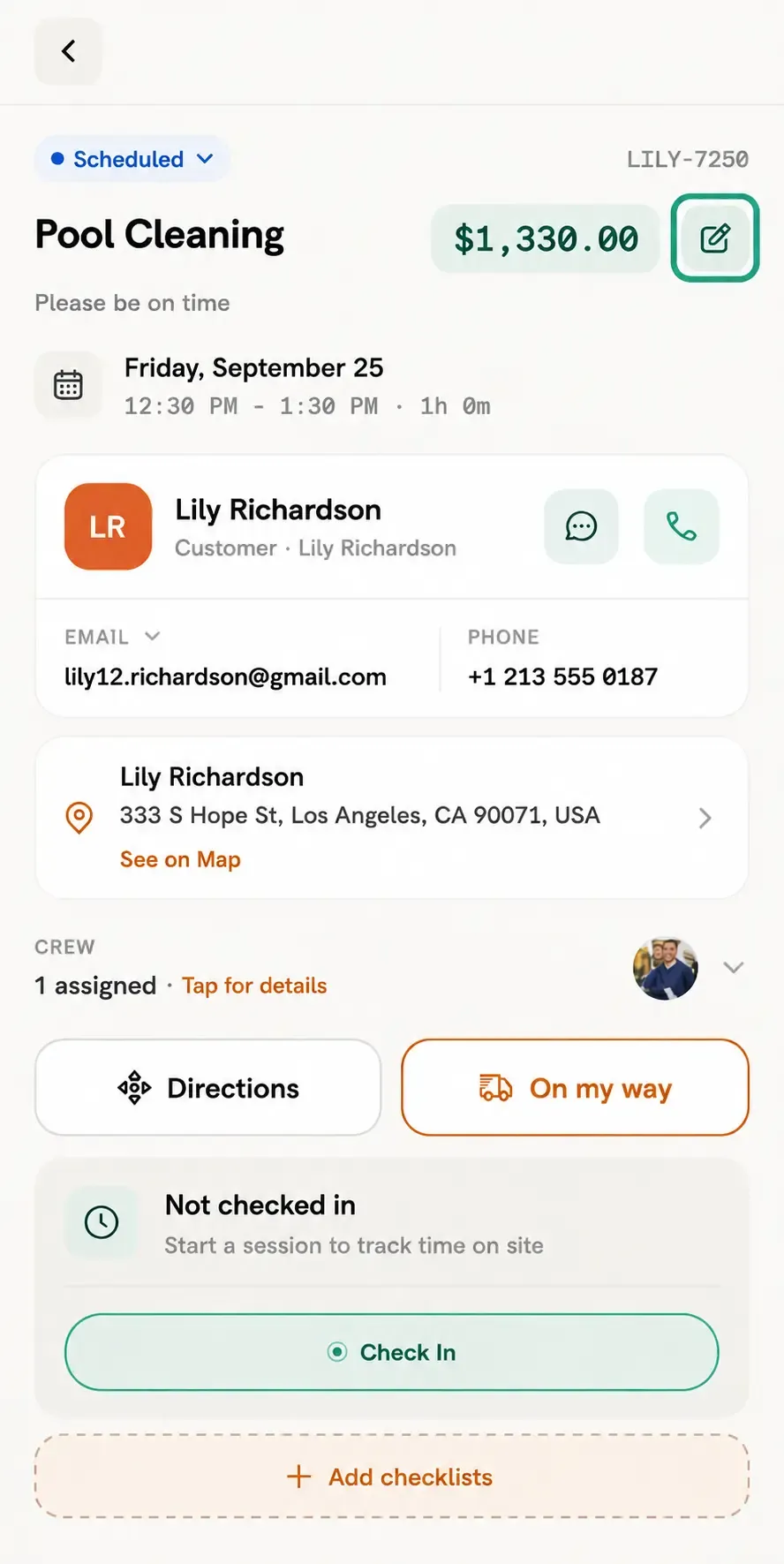 Job details screen showing customer information and edit icon