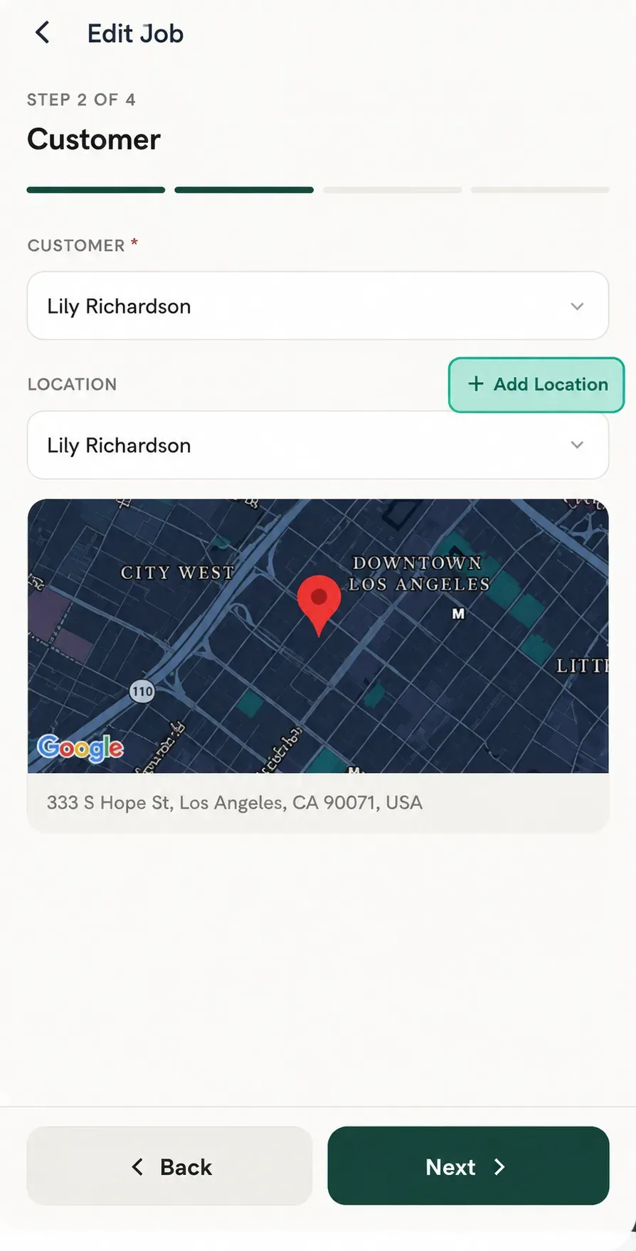 1. Edit Job customer step showing Add Location option highlighted