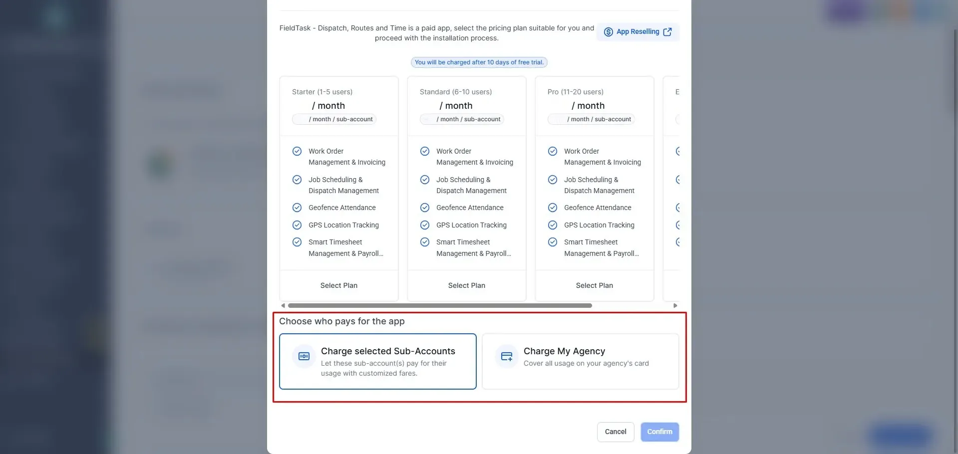 GoHighLevel FieldTask install modal showing pricing plan cards for Starter, Standard, and Pro plans. A red box highlights the “Choose who pays for the app” section, with Charge selected Sub-Accounts and Charge My Agency options.