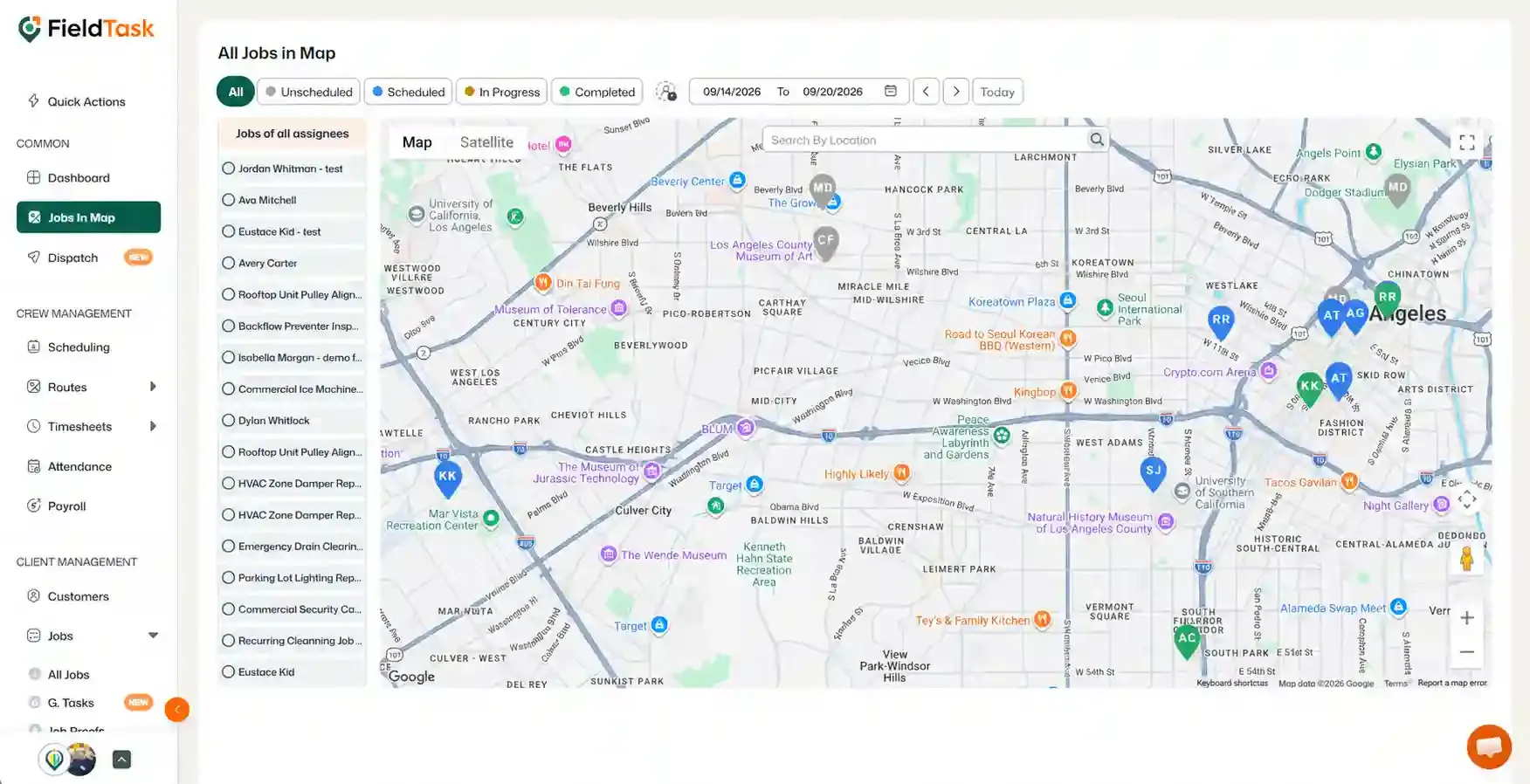 Jobs in Map view showing assigned jobs across locations