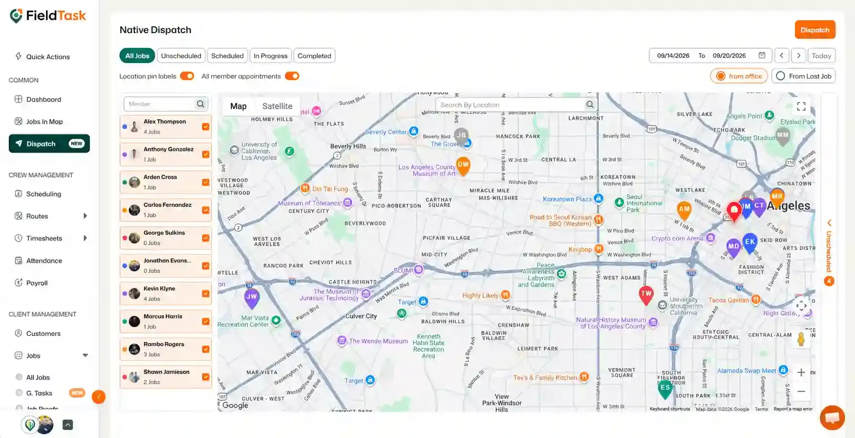 Dispatch map interface with jobs and member assignments