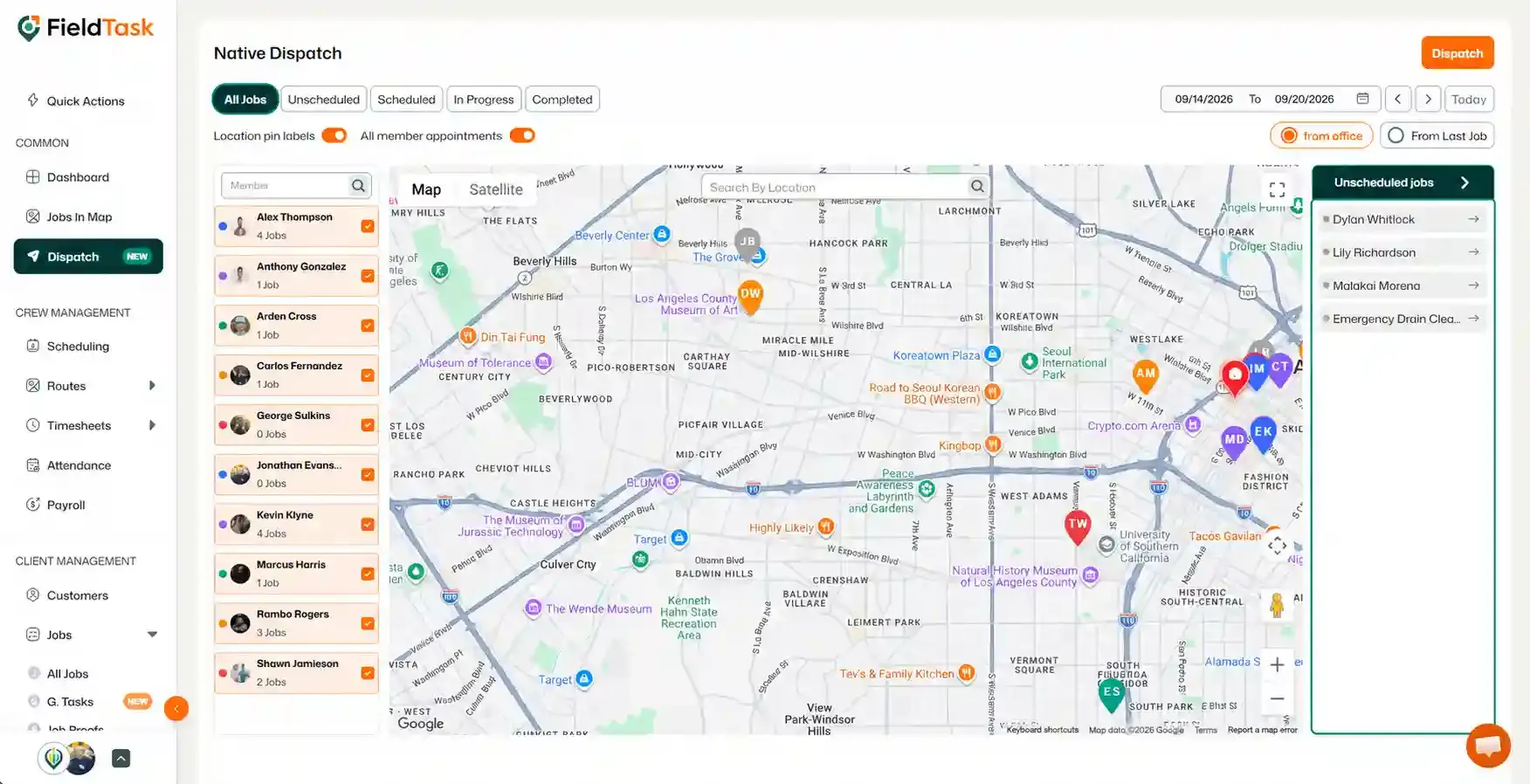 Dispatch view showing unscheduled jobs panel and map markers