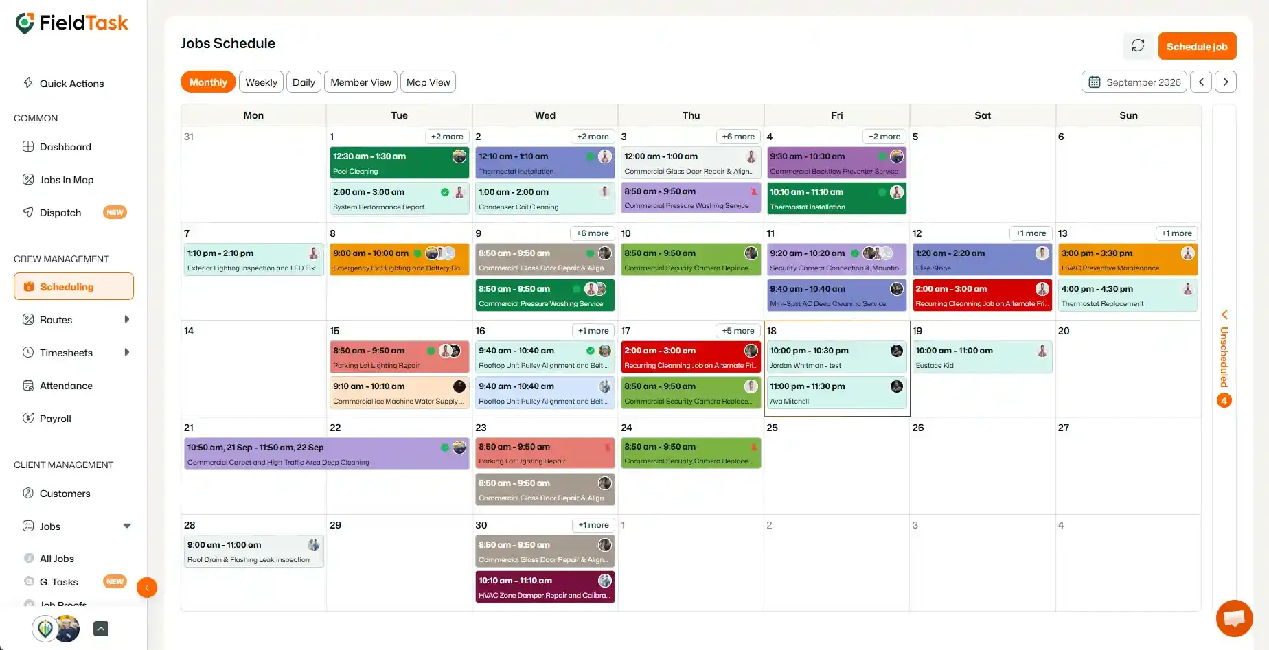 Monthly schedule calendar displaying scheduled field jobs