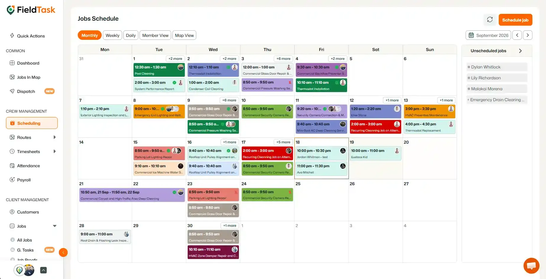 Schedule calendar with unscheduled jobs sidebar and appointments