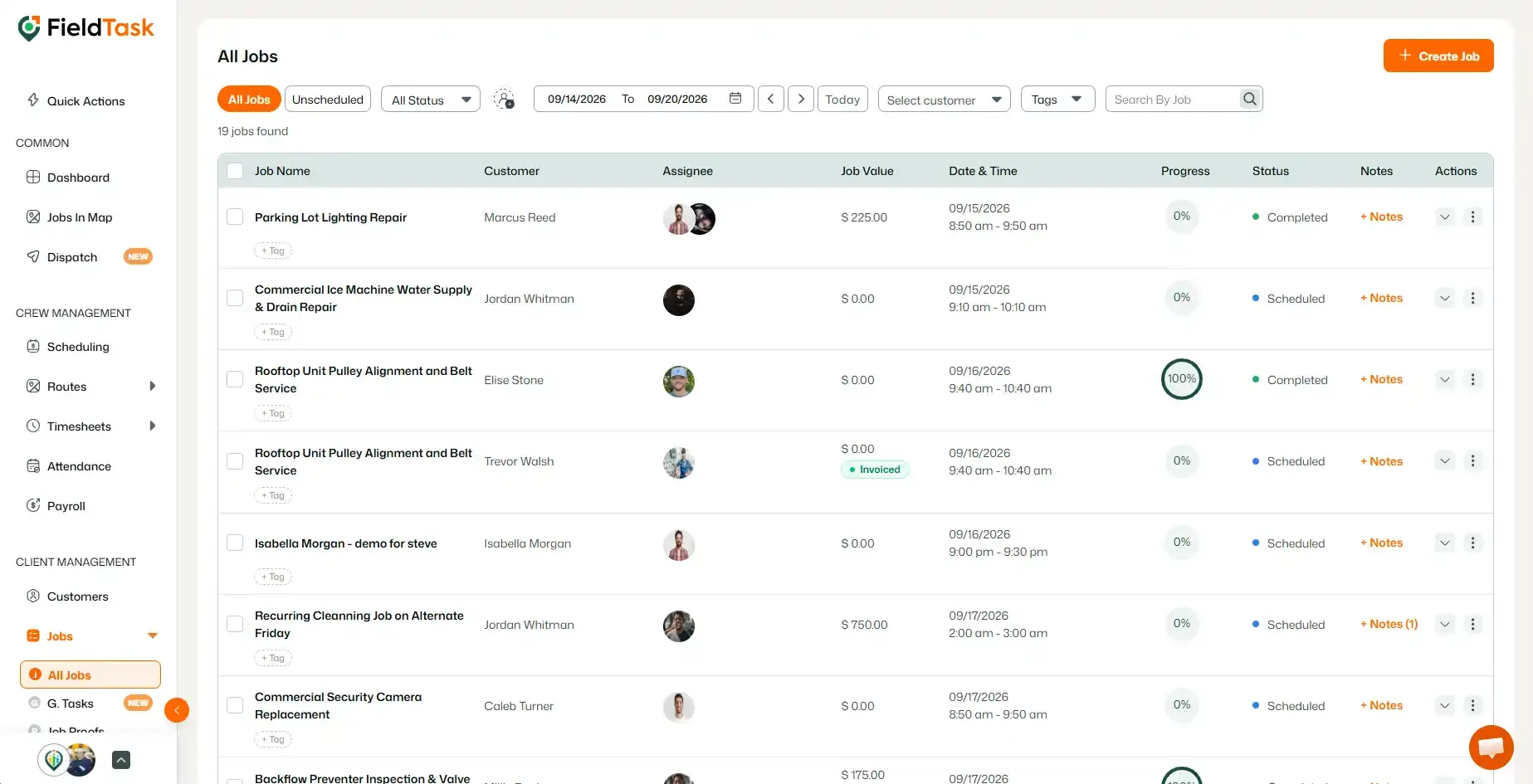 All Jobs page displaying job list with filters and statuses
