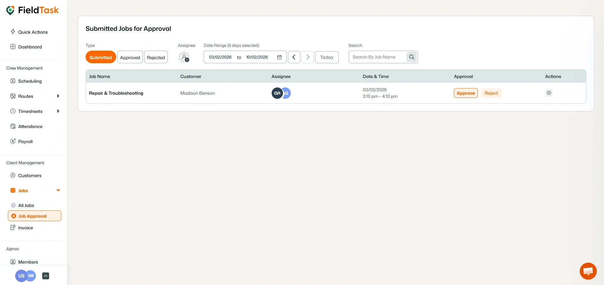 FieldTask Job Approval Page