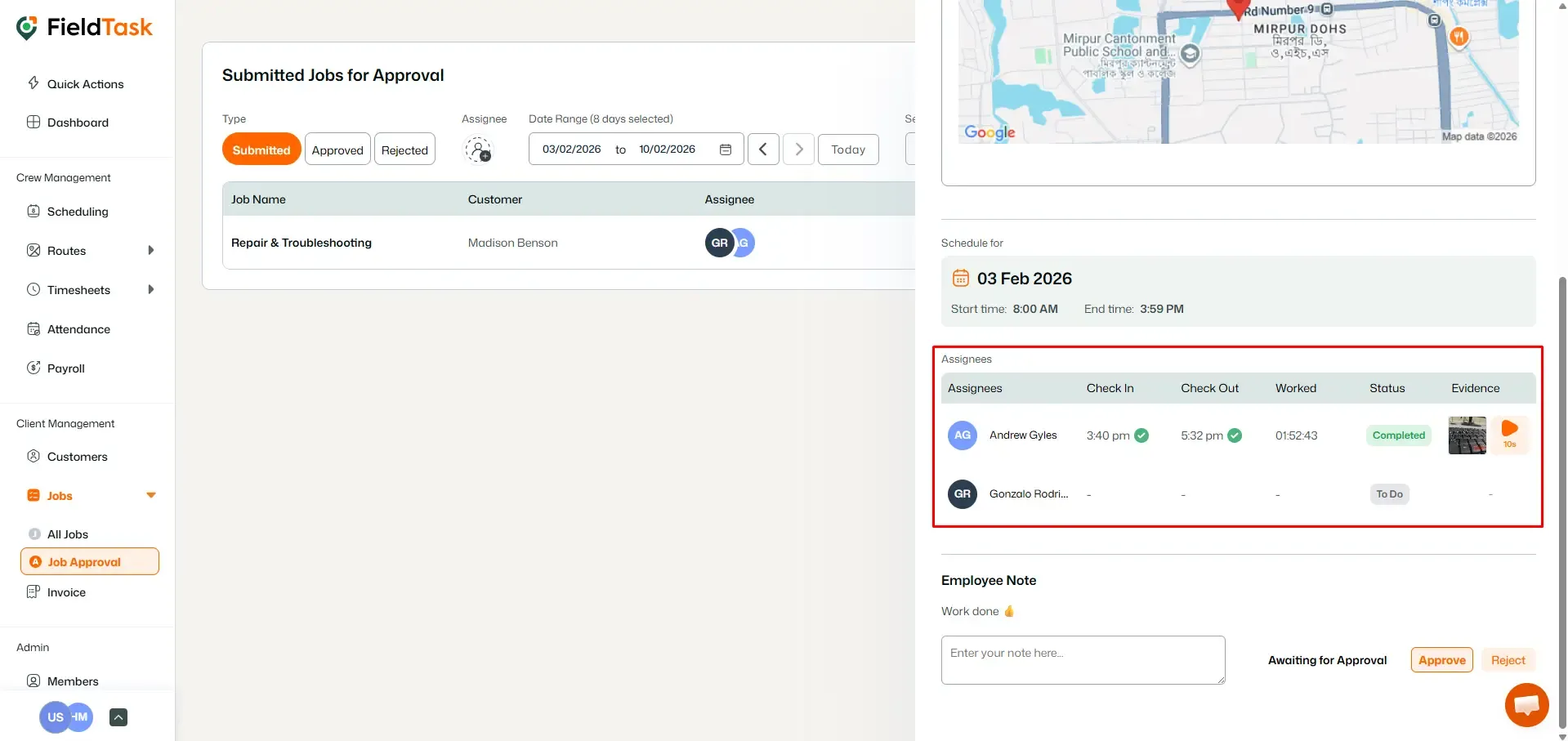FieldTask Job Approval Page