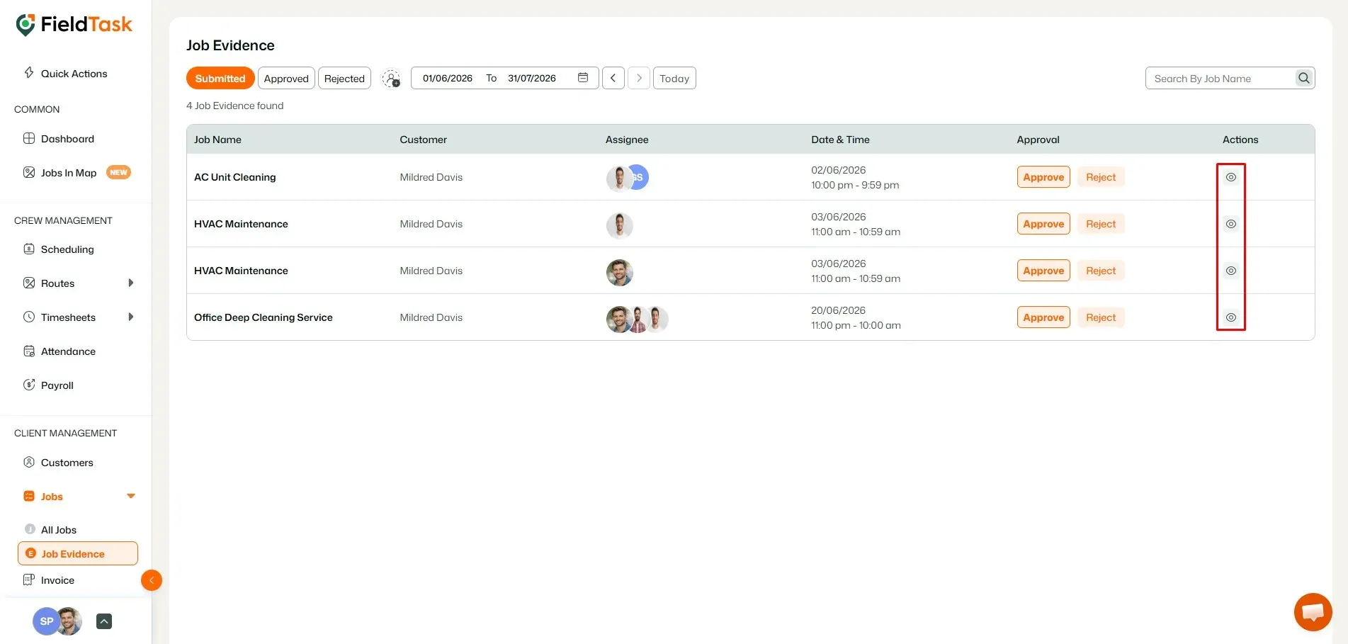 FieldTask Job Evidence list with approve and view actions
