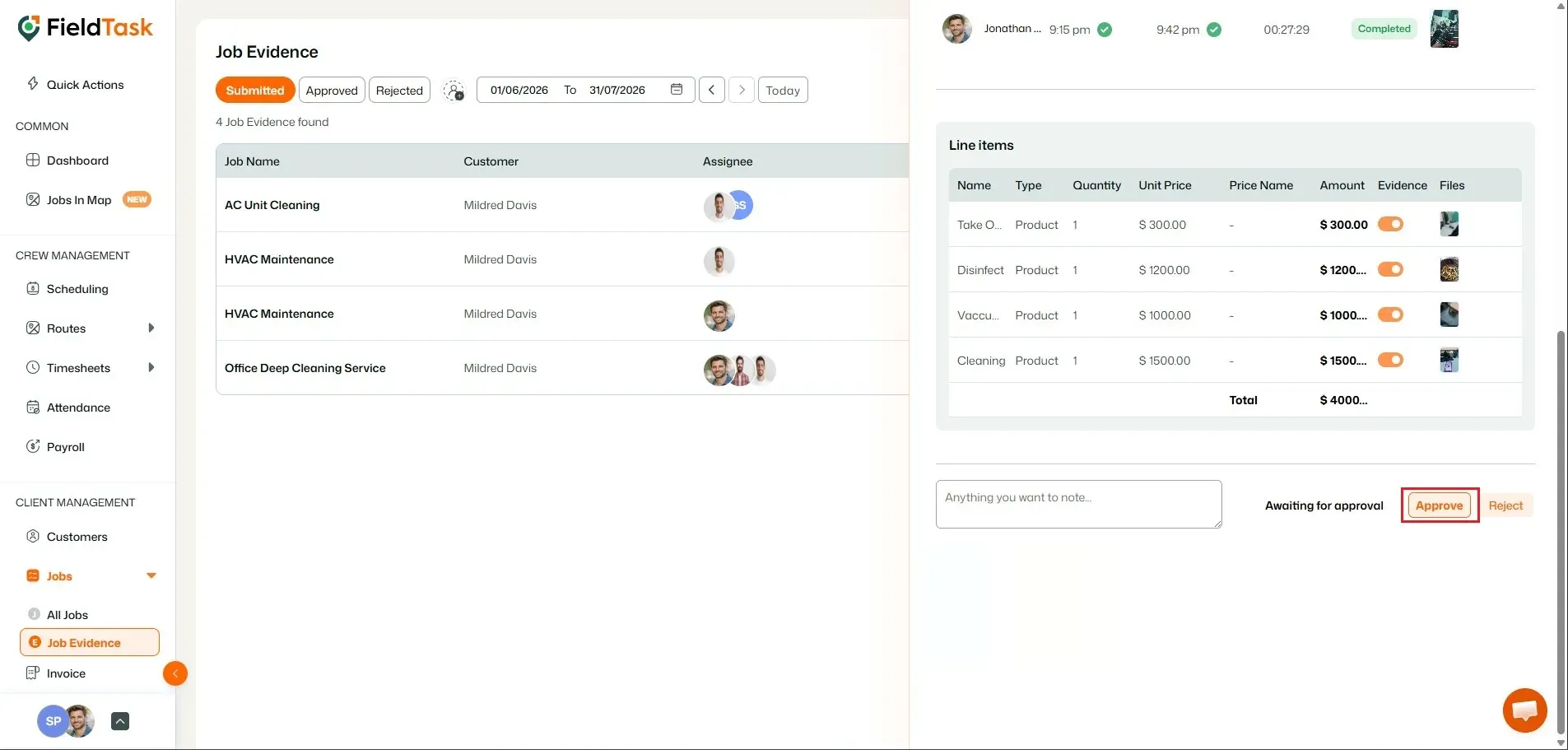 FieldTask job evidence details with approve button highlighted