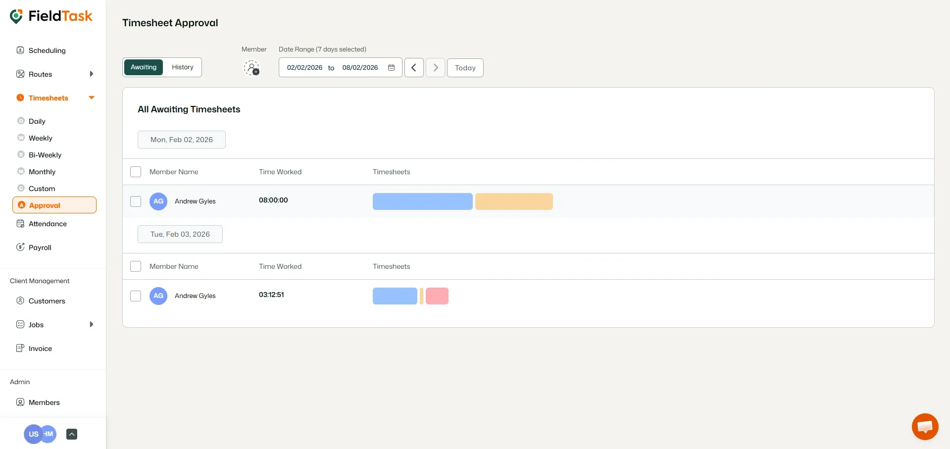 FieldTask Timesheet Approval Page