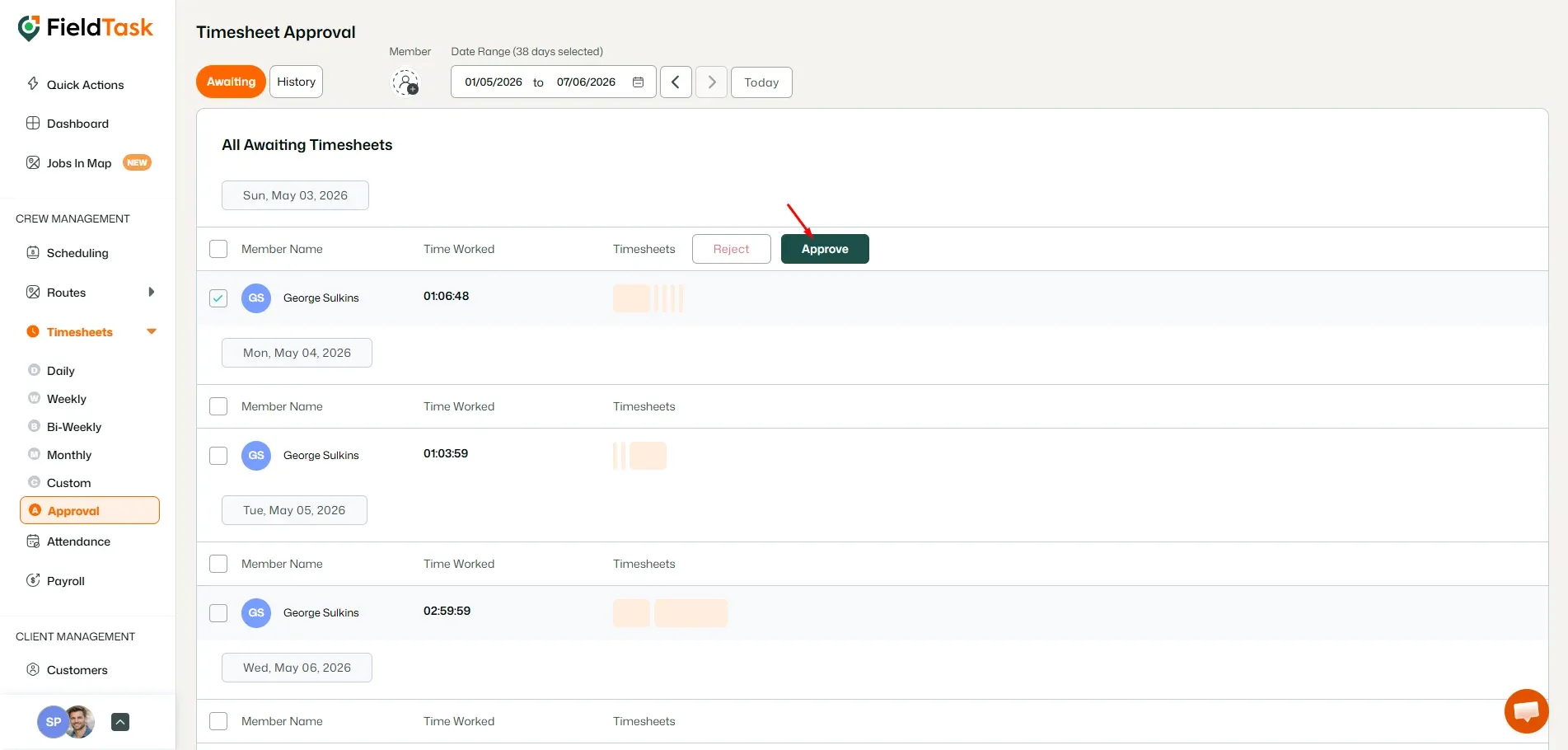 FieldTask timesheet approval page with Approve button highlighted