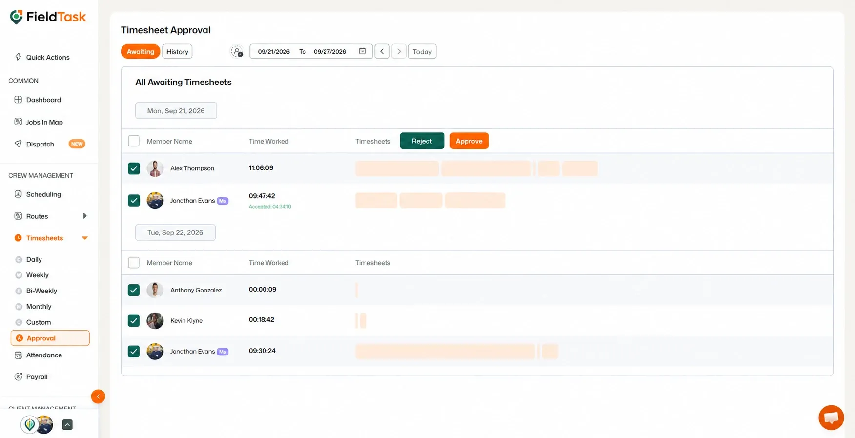 Timesheet Approval page with selected rows and Reject button.