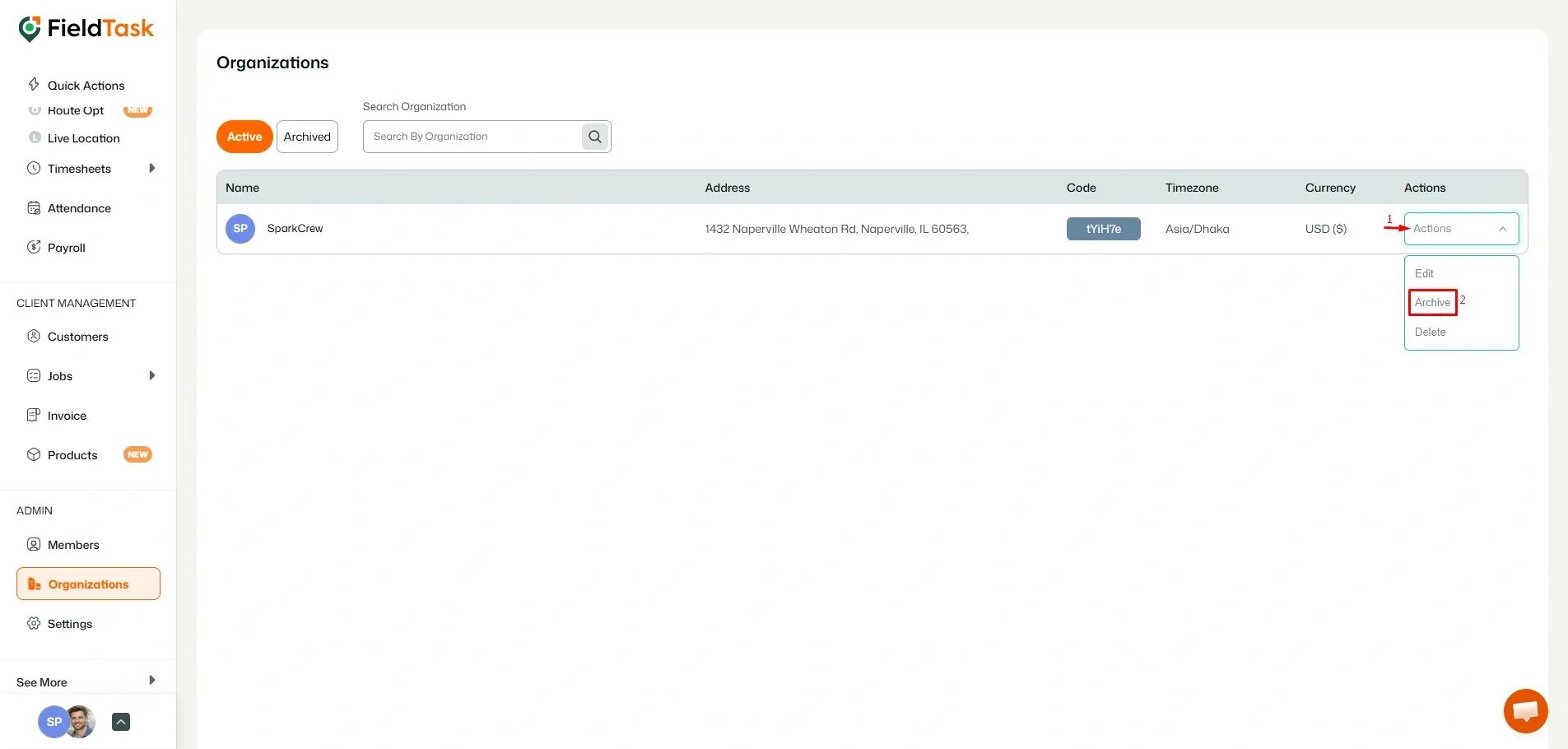 FieldTask organization actions menu with Archive highlighted