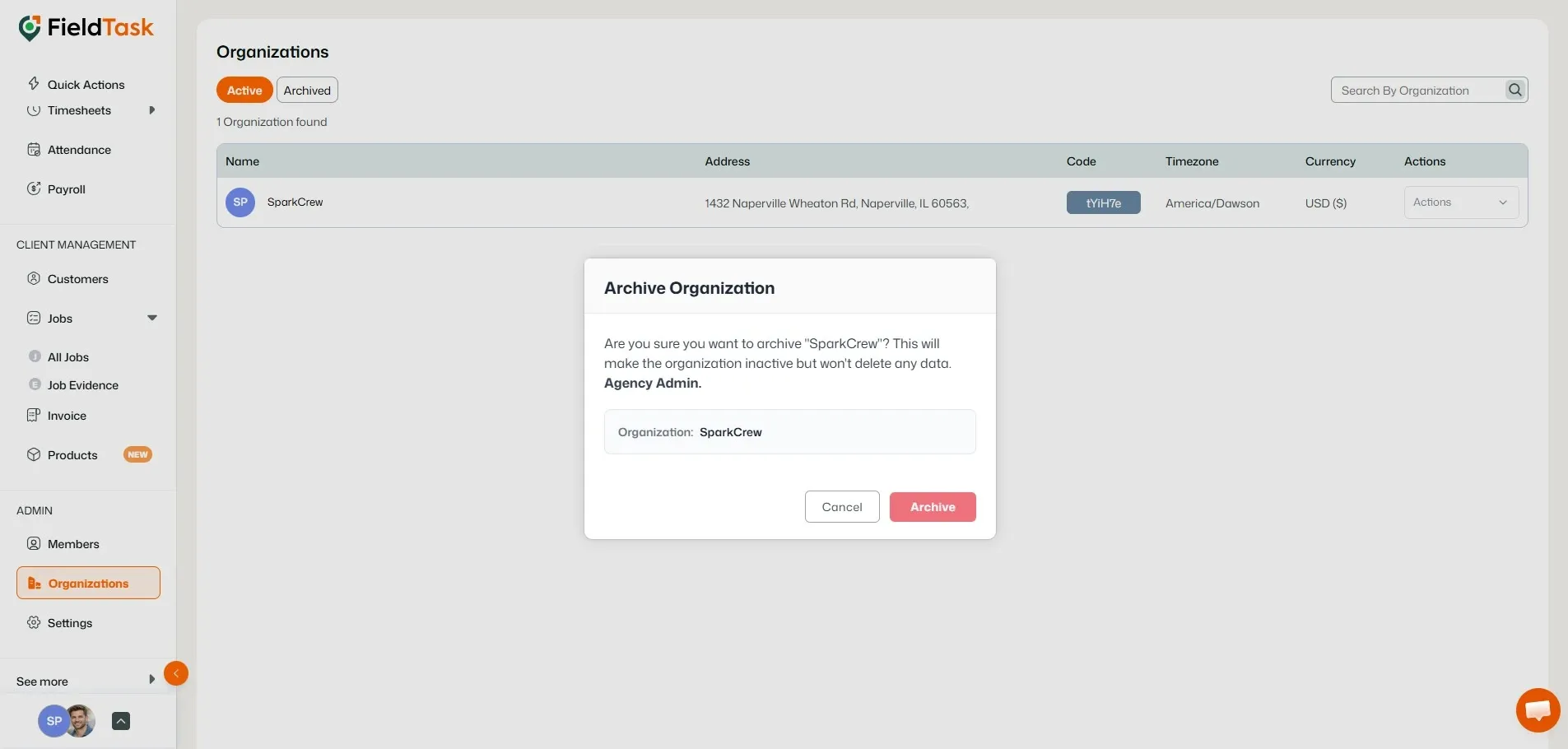 FieldTask Archive Organization confirmation modal open