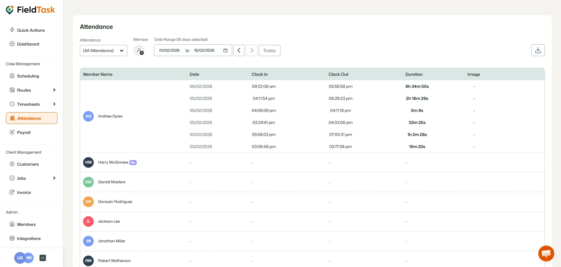 FieldTask Attendance Page