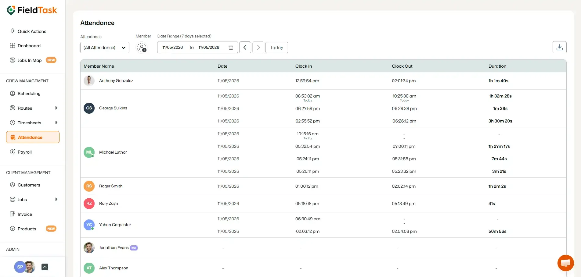 FieldTask Attendance table with clock-in records shown