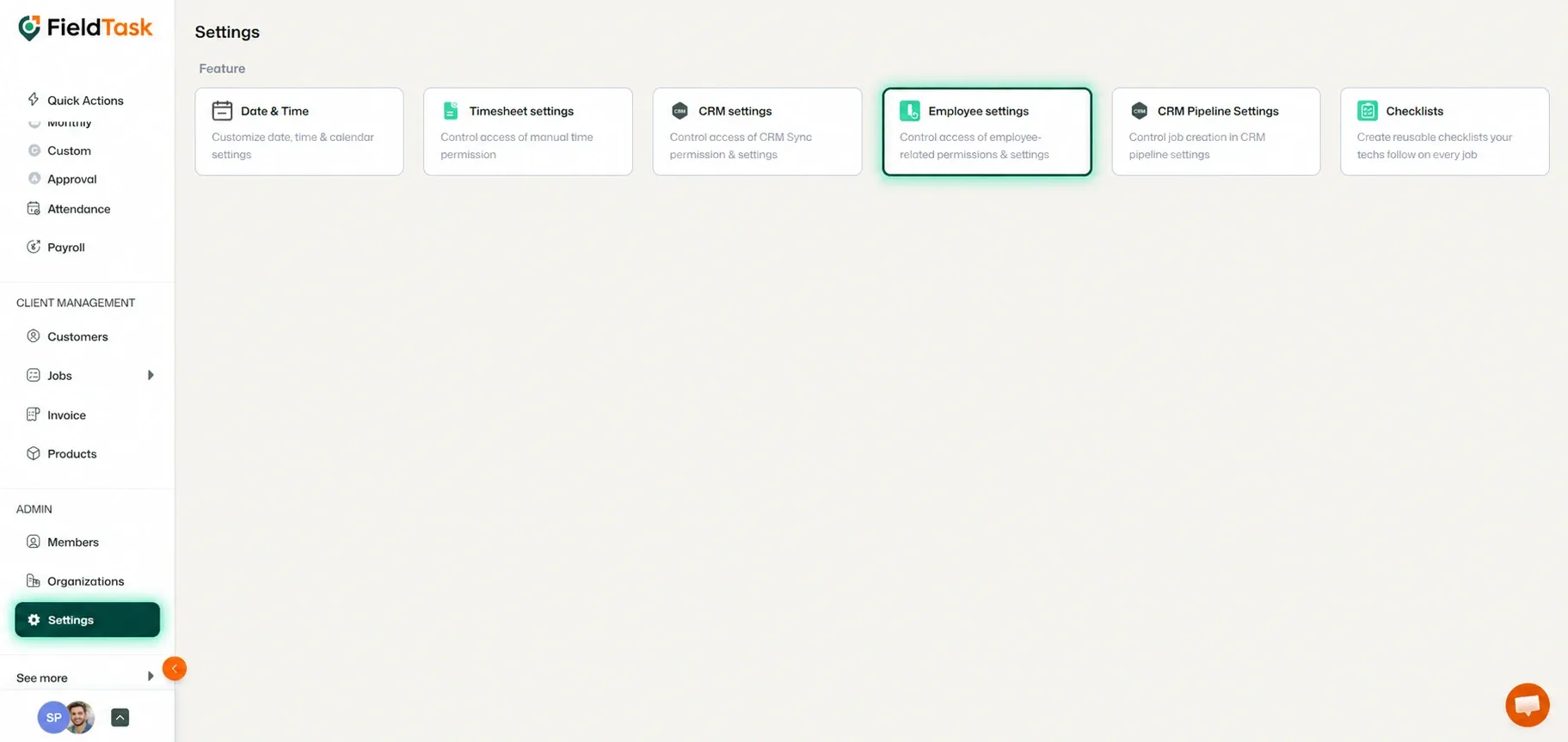 Settings page with Employee Settings card highlighted.