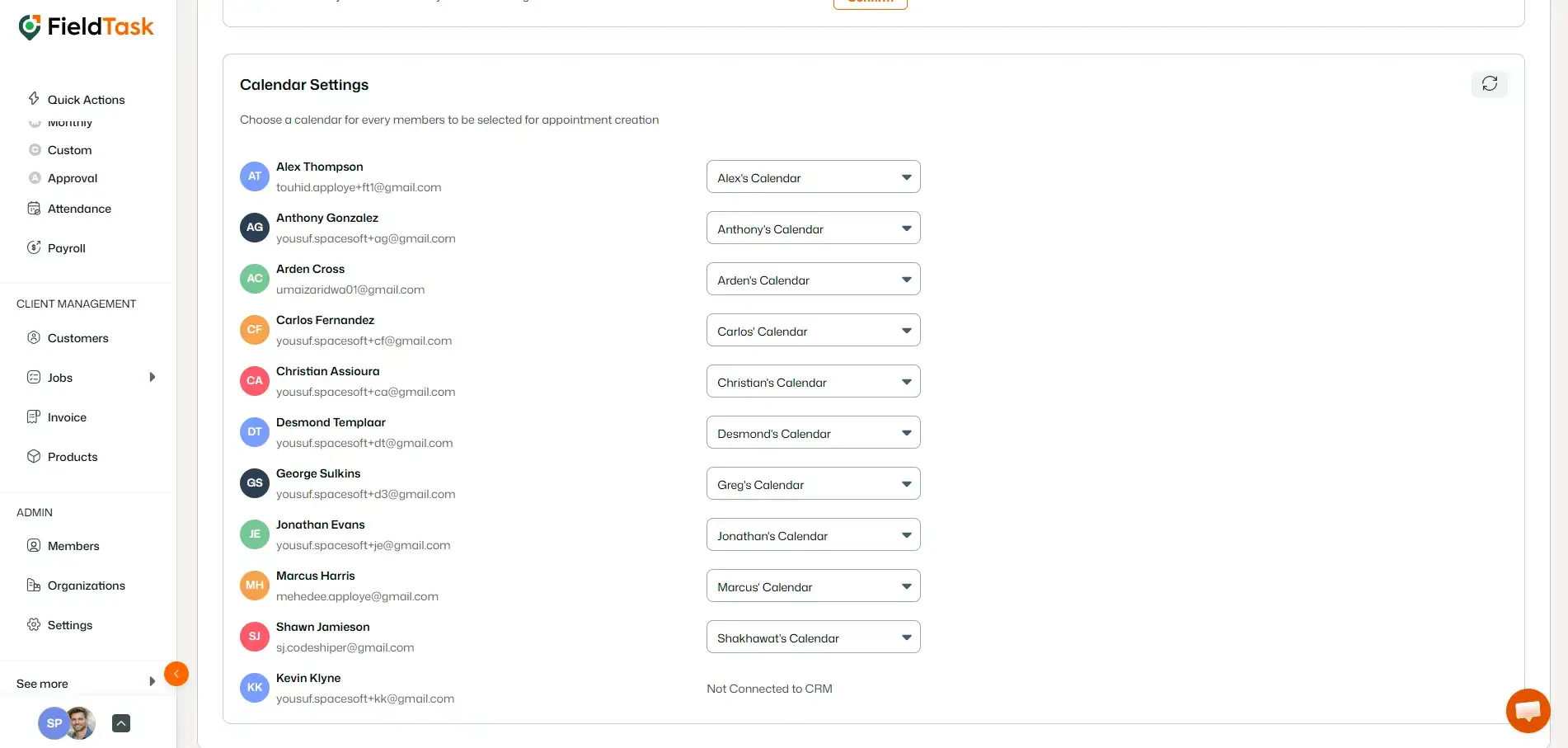Calendar Settings page showing employee calendar assignments.