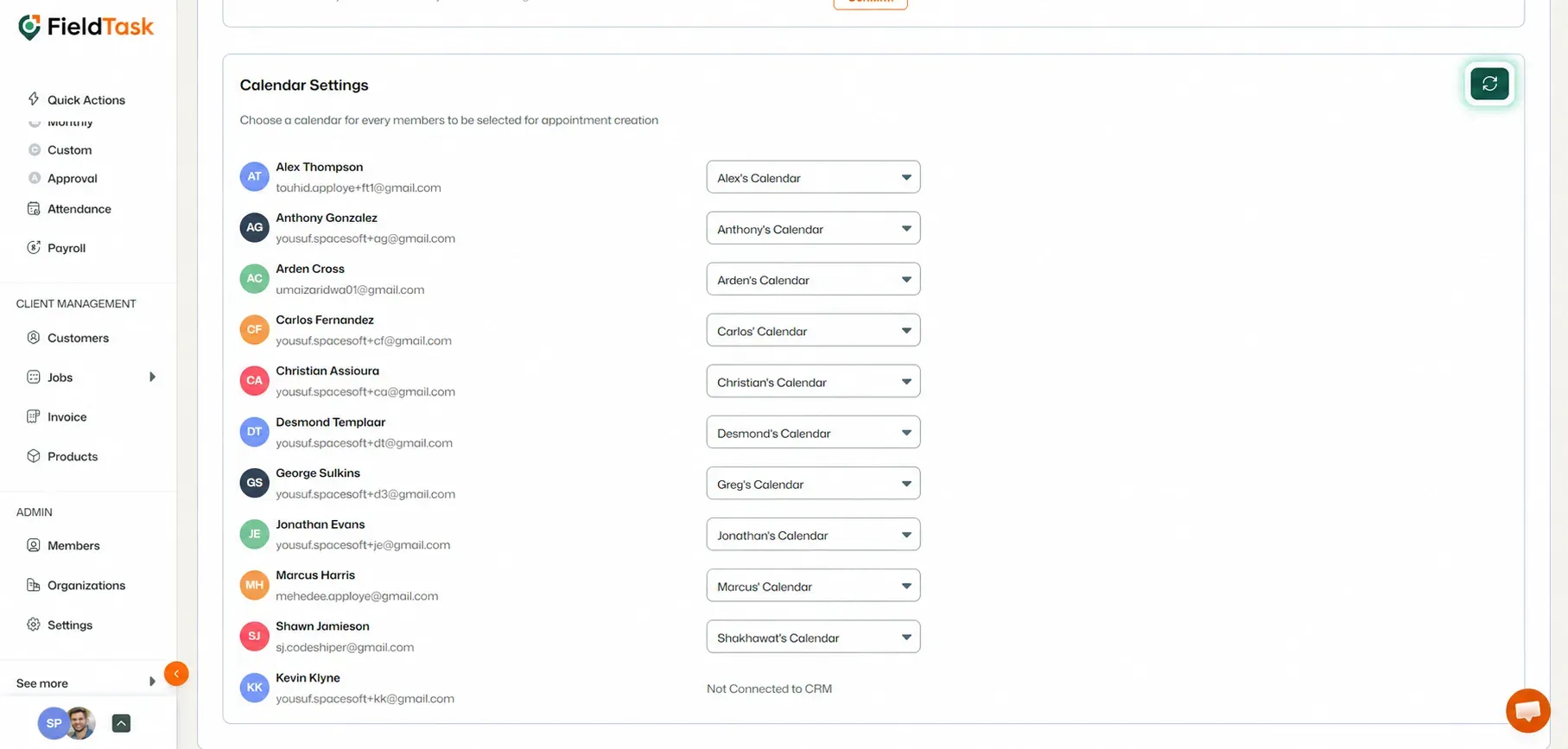 Calendar Settings page with the sync button highlighted.
