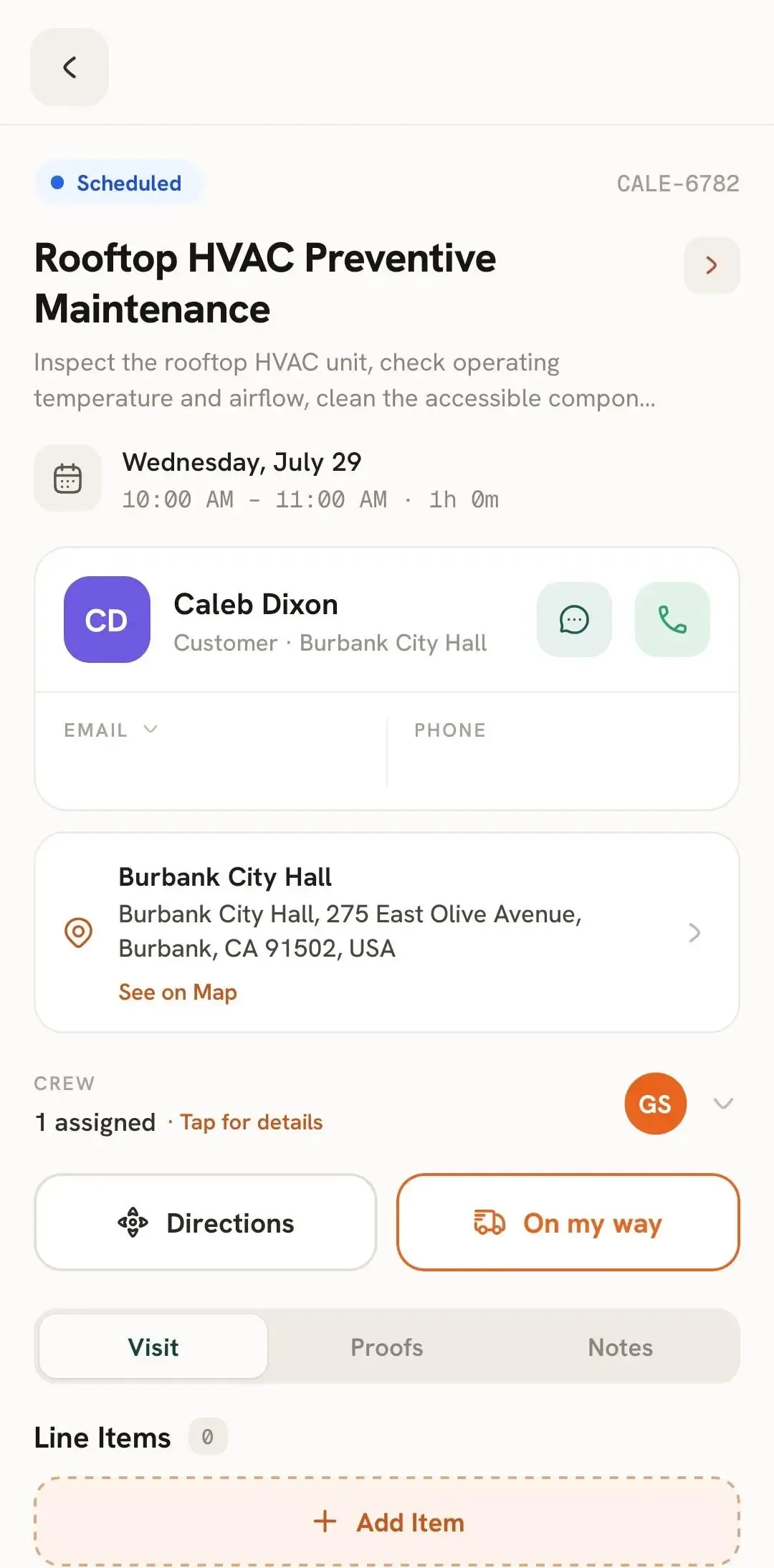 FieldTask Mobile App job details with customer call option