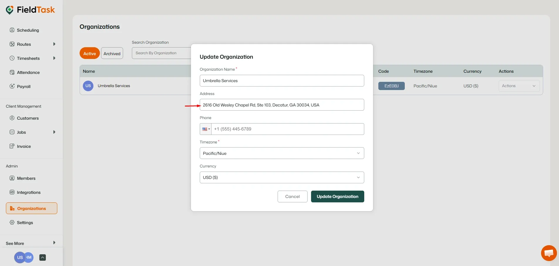 FieldTask Organization Edit Page