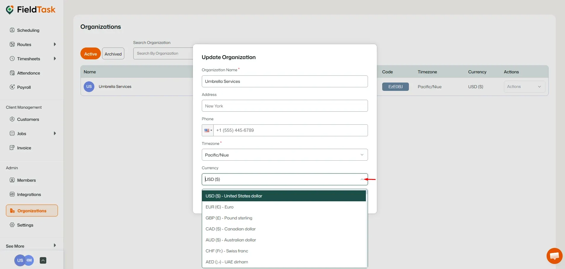 FieldTask Organization Edit Page