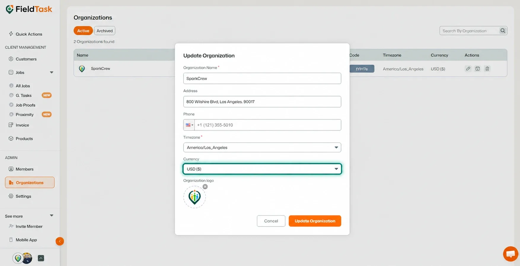 Currency field highlighted in the update organization modal