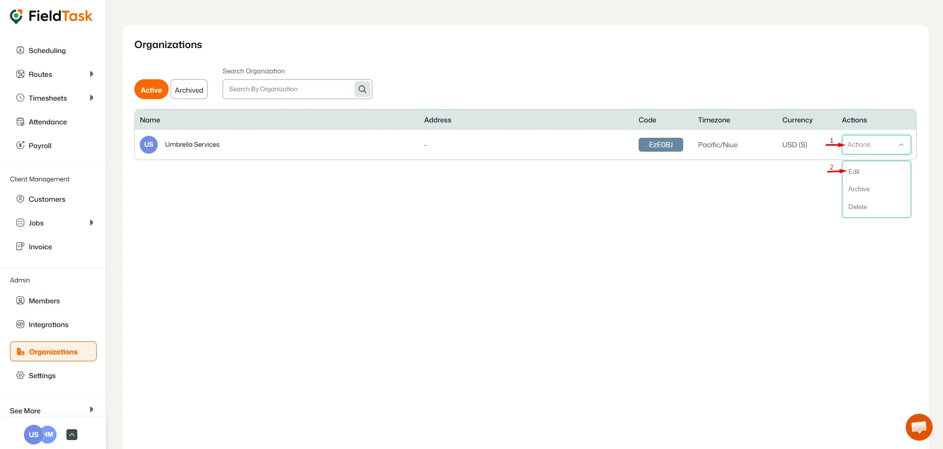 FieldTask Organization Page