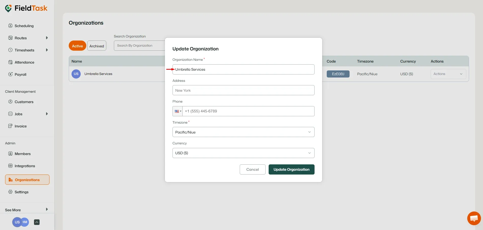FieldTask Organization Edit Page