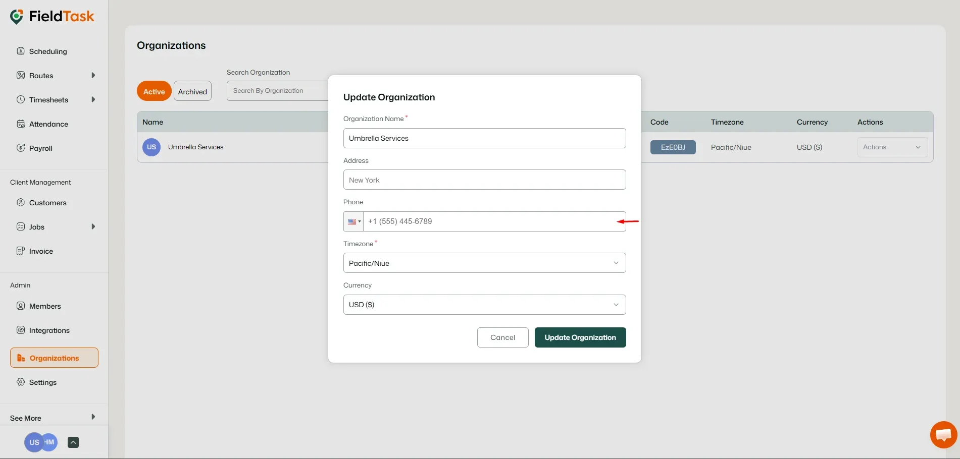 FieldTask Organization Edit Page