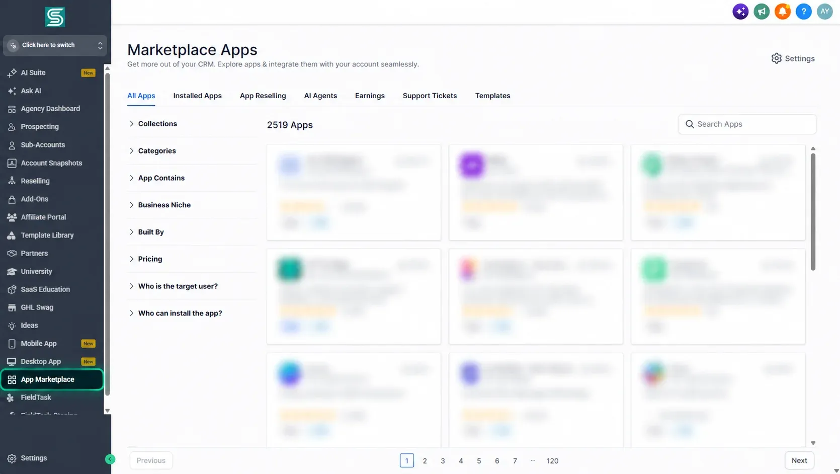 Marketplace Apps page with blurred app cards and highlighted menu