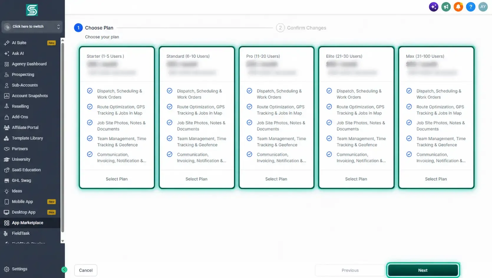 Plan cards highlighted, pricing blurred, with Next button active